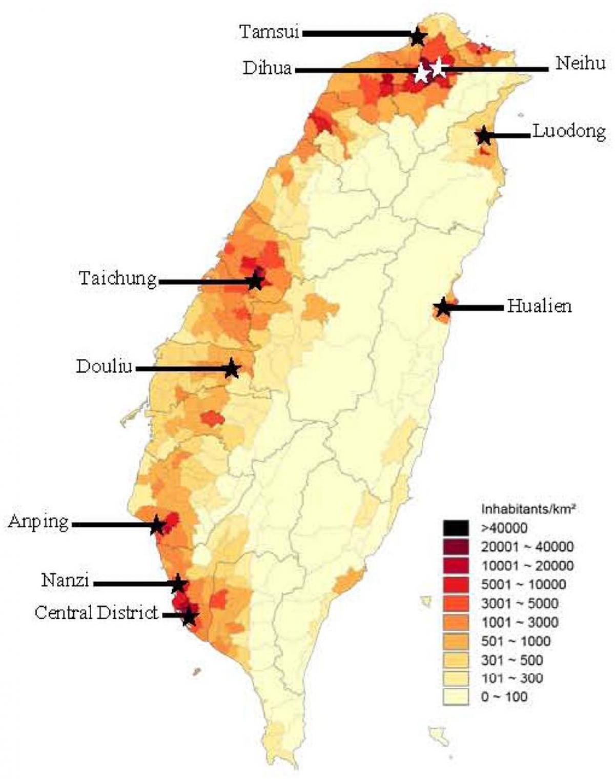 Tajvan je gostota prebivalstva zemljevid